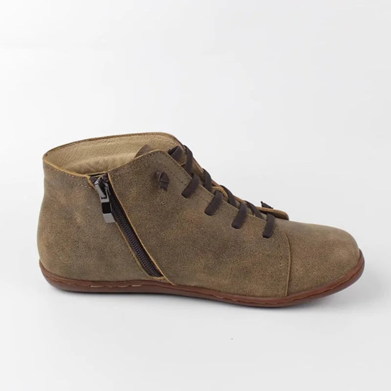 Women's Distressed Leather Ankle Boots – Side Zipper And Lace-Up Front