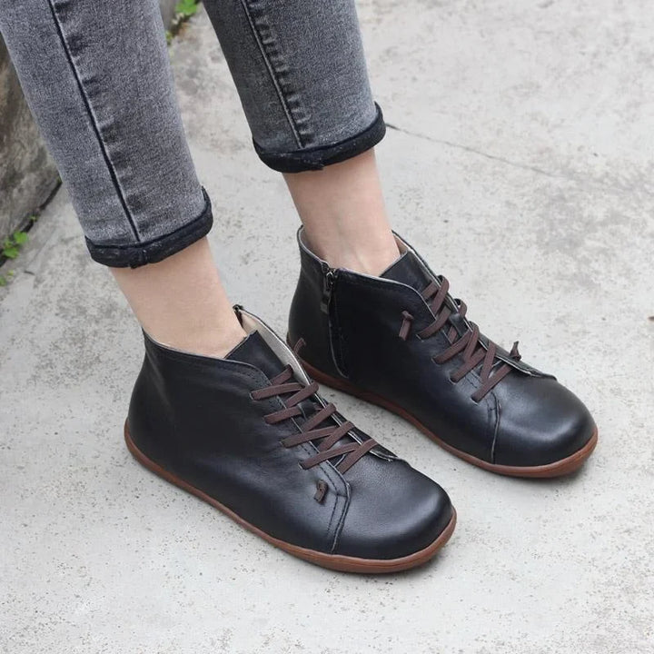 Women's Distressed Leather Ankle Boots – Side Zipper And Lace-Up Front