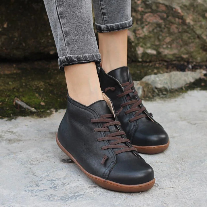 Women's Distressed Leather Ankle Boots – Side Zipper And Lace-Up Front