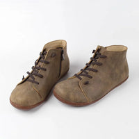 Women's Distressed Leather Ankle Boots – Side Zipper And Lace-Up Front