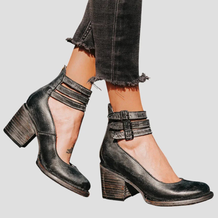 Women's Distressed Leather Cut-Out Boots – Triple-Buckle Ankle Straps