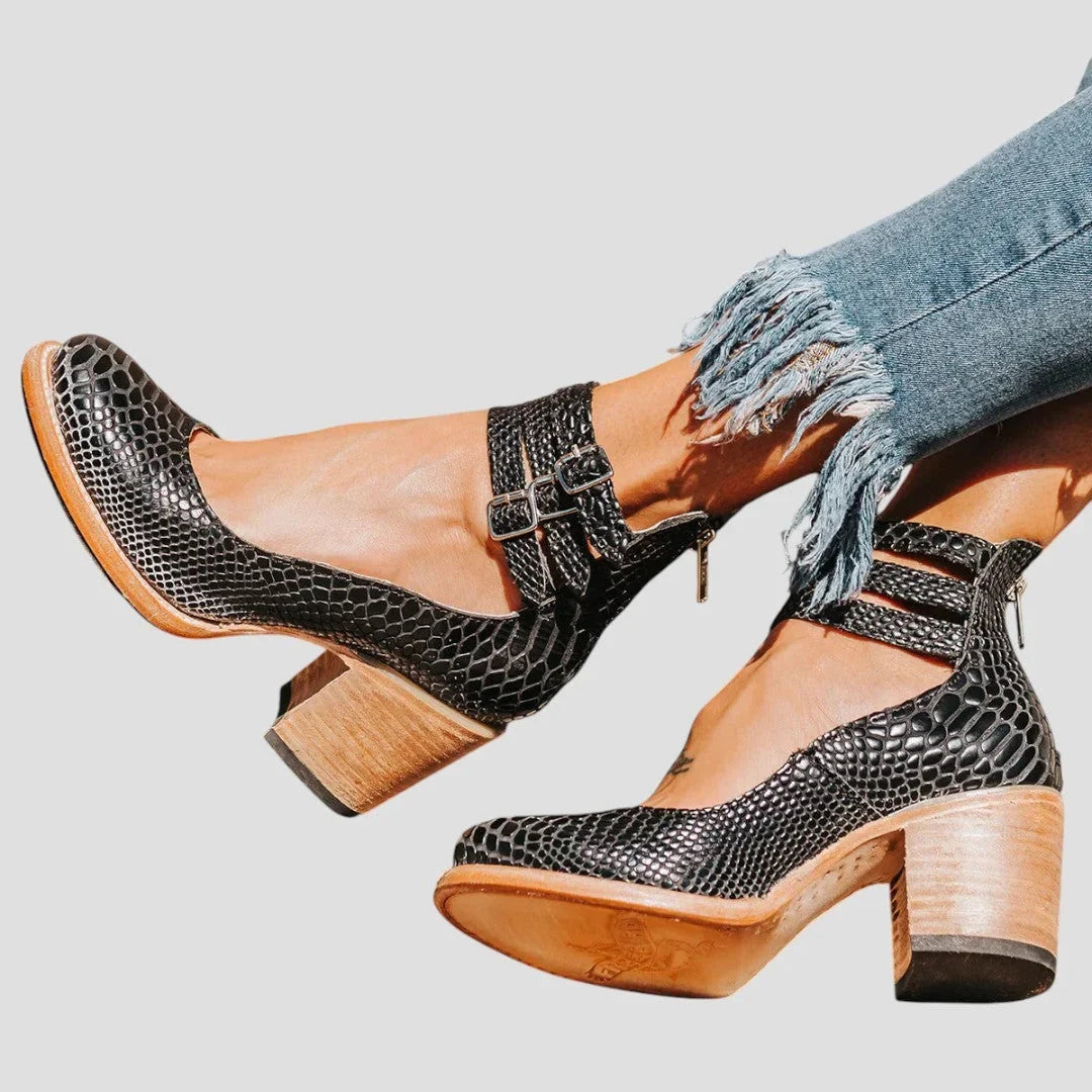 Women's Distressed Leather Cut-Out Boots – Triple-Buckle Ankle Straps