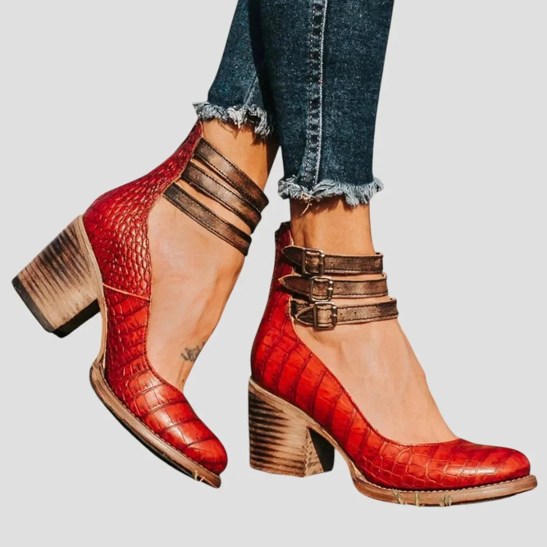 Women's Distressed Leather Cut-Out Boots – Triple-Buckle Ankle Straps