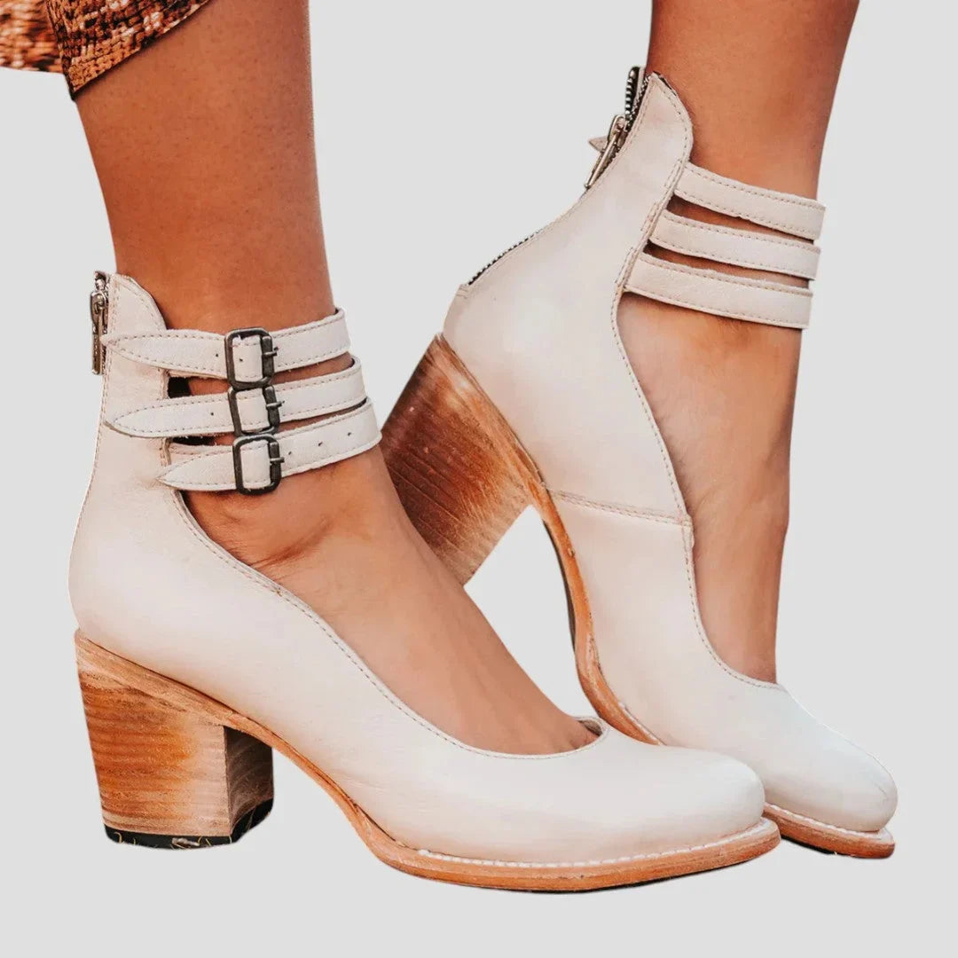Women's Distressed Leather Cut-Out Boots – Triple-Buckle Ankle Straps