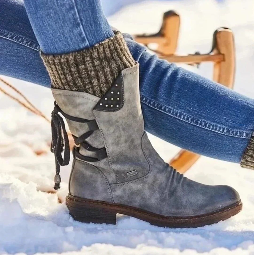 Women's Distressed Mid-Calf Boots – Side Zipper And Studded Lace-Up Back