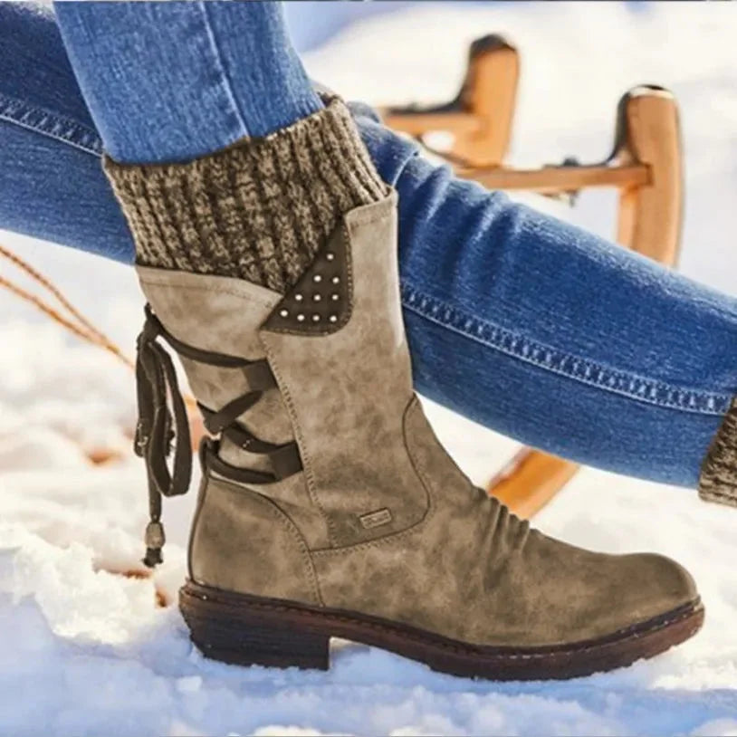 Women's Distressed Mid-Calf Boots – Side Zipper And Studded Lace-Up Back