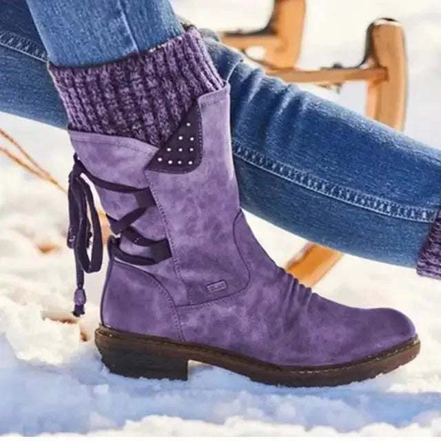 Women's Distressed Mid-Calf Boots – Side Zipper And Studded Lace-Up Back
