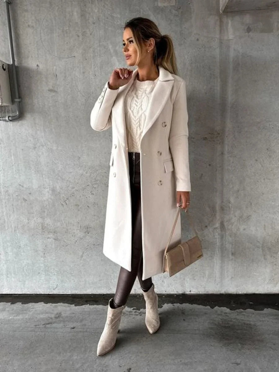 Women's Double-Breasted Long-Sleeve Midi Overcoat