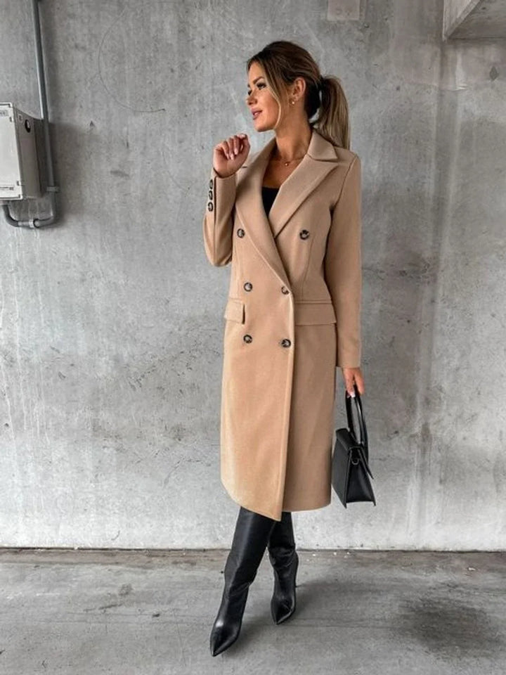 Women's Double-Breasted Long-Sleeve Midi Overcoat