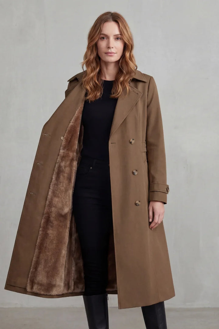 Women's Double-Breasted Faux Fur Lined Winter Trench Coat