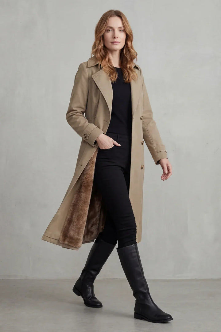 Women's Double-Breasted Faux Fur Lined Winter Trench Coat