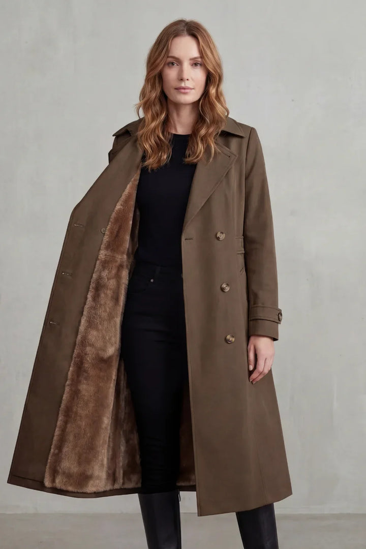 Women's Double-Breasted Faux Fur Lined Winter Trench Coat