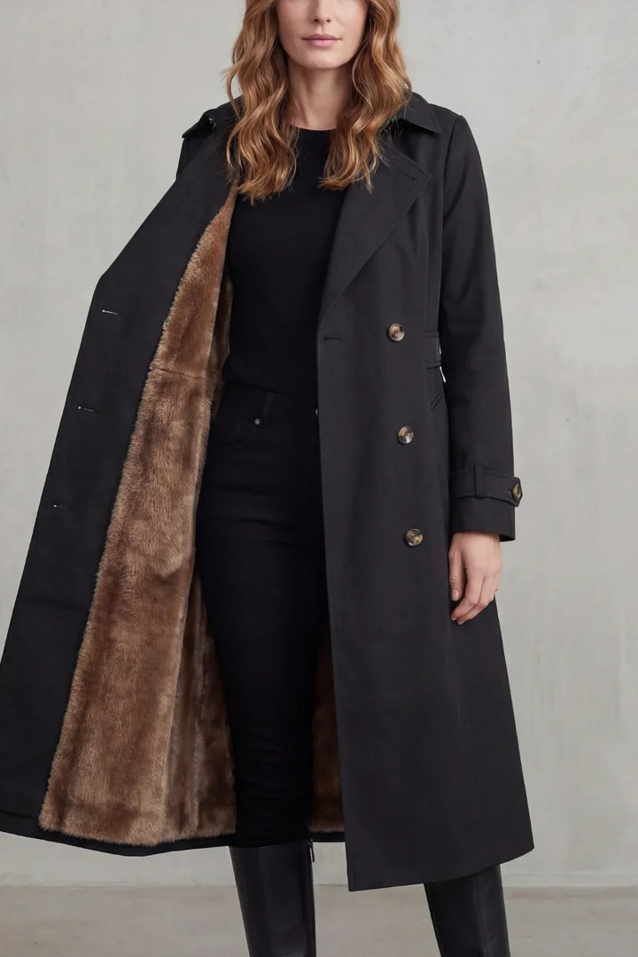 Women's Double-Breasted Faux Fur Lined Winter Trench Coat