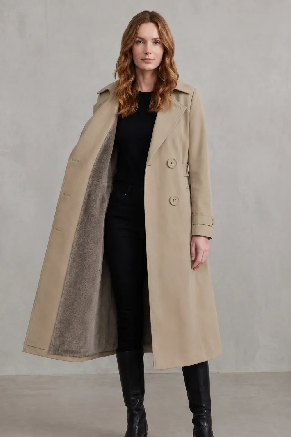 Women's Double-Breasted Faux Fur Lined Winter Trench Coat