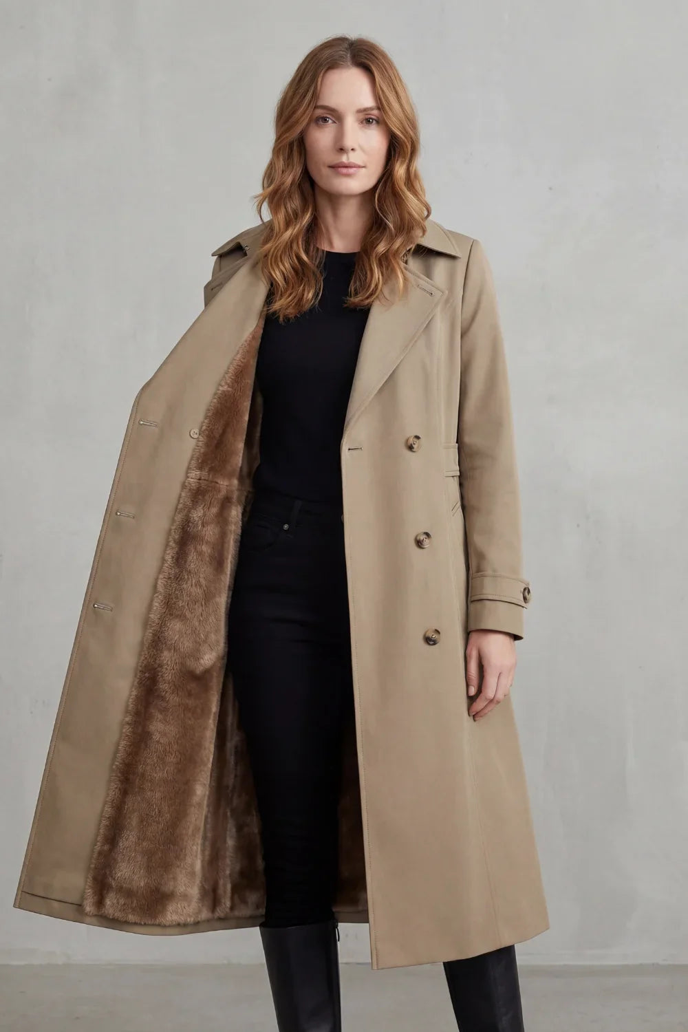 Women's Double-Breasted Faux Fur Lined Winter Trench Coat