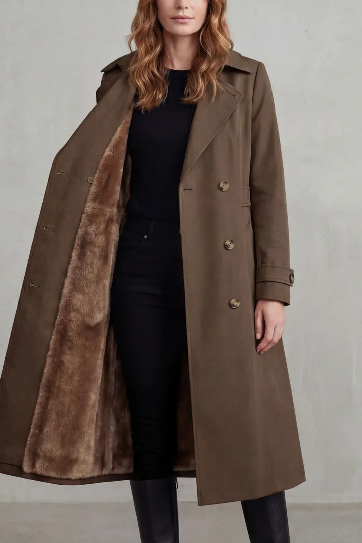 Women's Double-Breasted Faux Fur Lined Winter Trench Coat