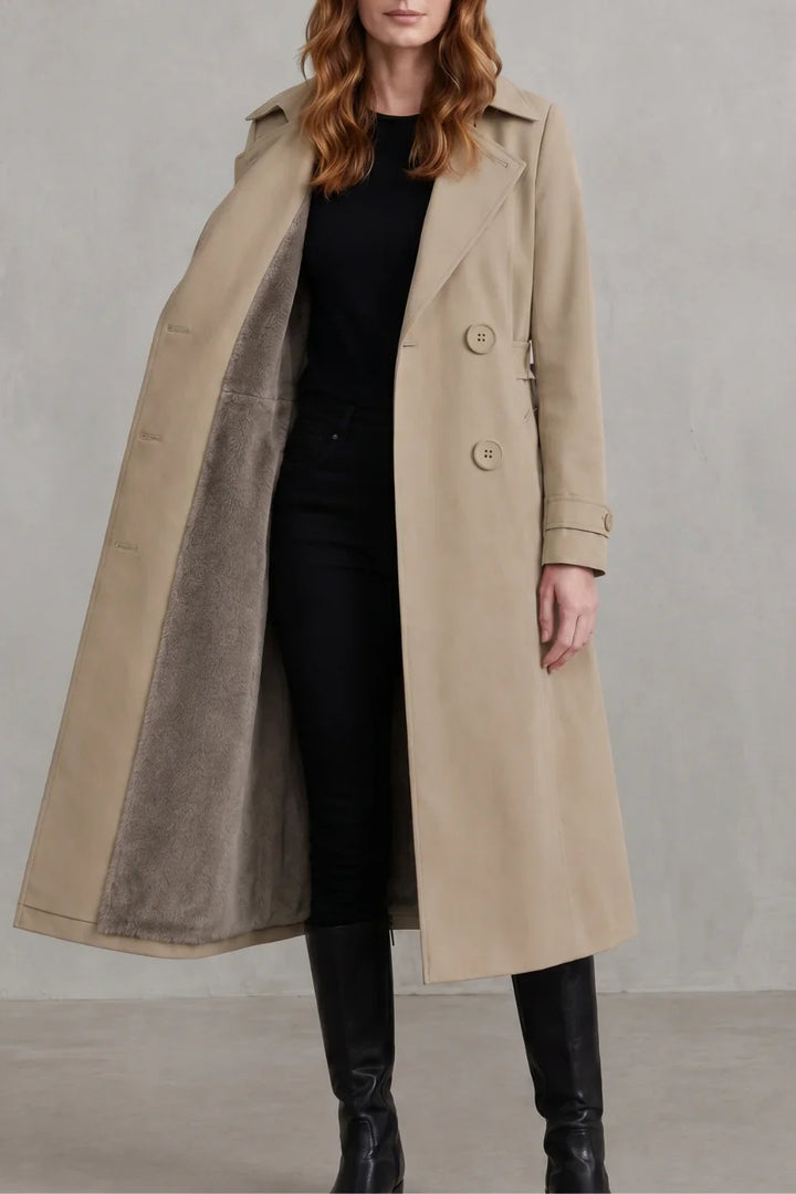 Women's Double-Breasted Faux Fur Lined Winter Trench Coat