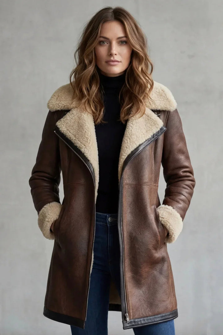 Women's Leather Long Winter Coat Shearling Lining