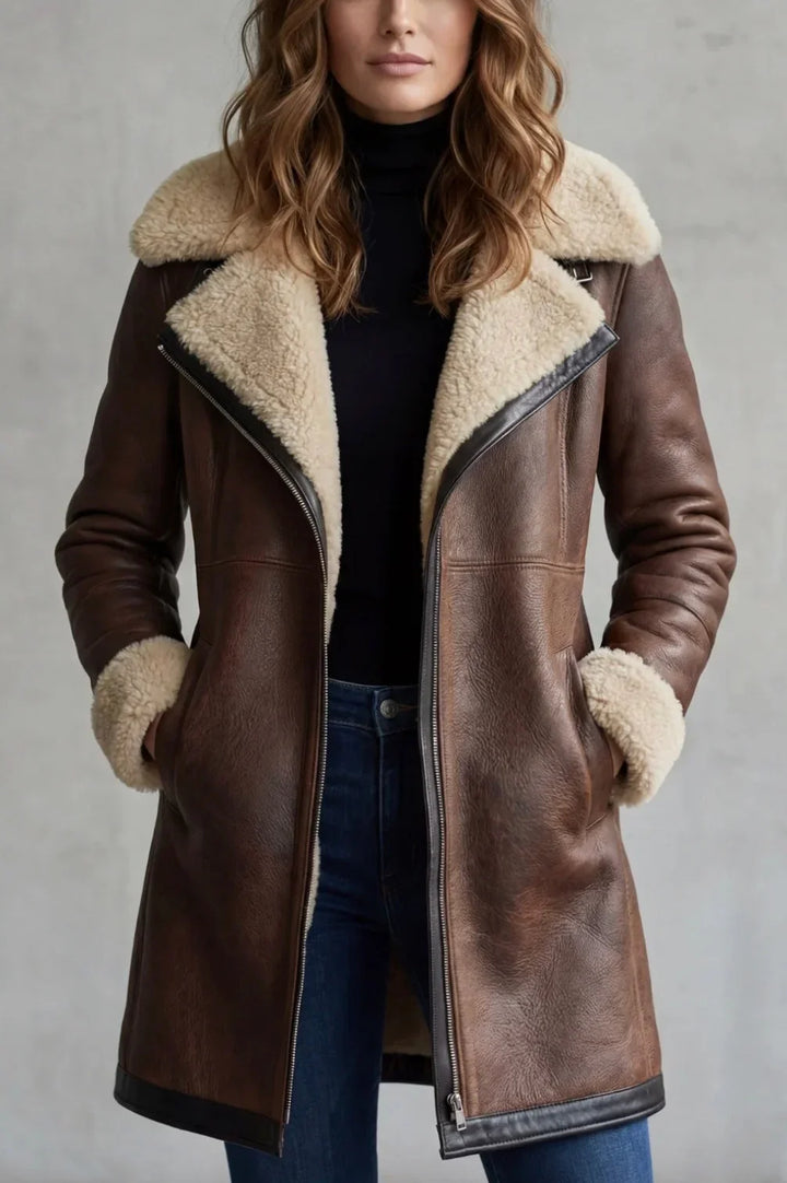Women's Leather Long Winter Coat Shearling Lining