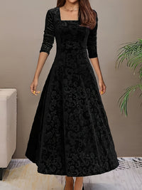 Women's Midi Dress – Embossed Velvet Square-Neck Three-Quarter Sleeves