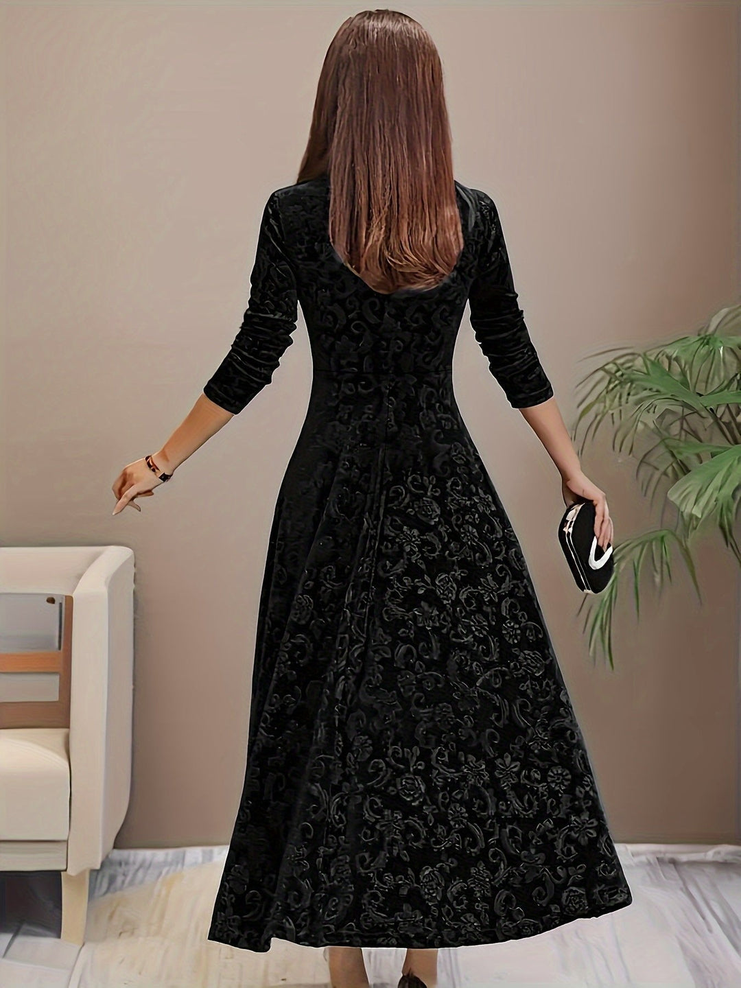 Women's Midi Dress – Embossed Velvet Square-Neck Three-Quarter Sleeves