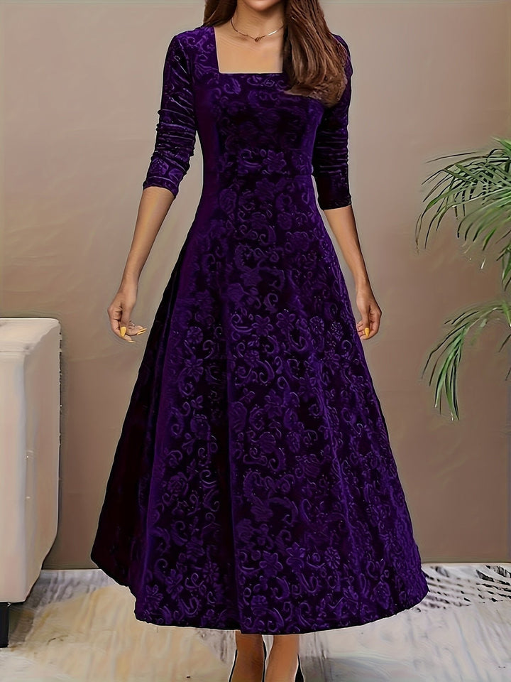 Women's Midi Dress – Embossed Velvet Square-Neck Three-Quarter Sleeves