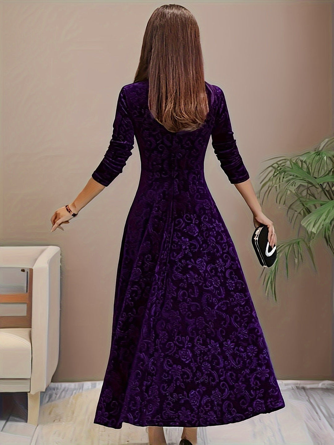 Women's Midi Dress – Embossed Velvet Square-Neck Three-Quarter Sleeves