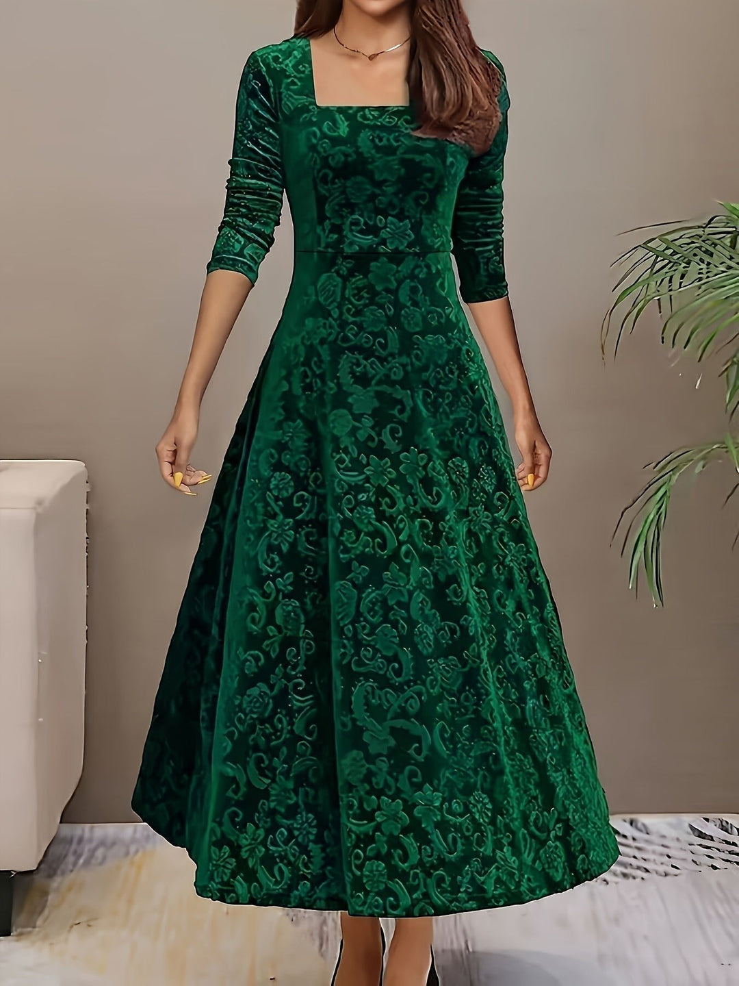 Women's Midi Dress – Embossed Velvet Square-Neck Three-Quarter Sleeves
