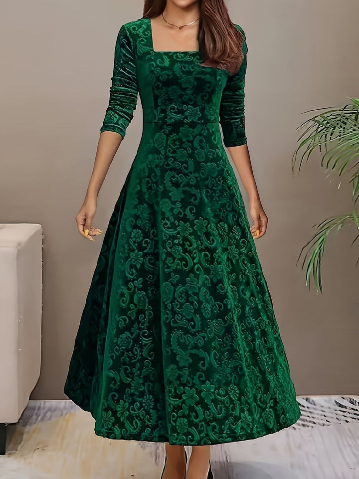 Women's Midi Dress – Embossed Velvet Square-Neck Three-Quarter Sleeves