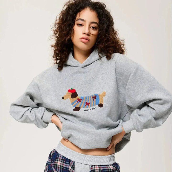 Women's Oversized Hooded Embroidered Dachshund Jumper