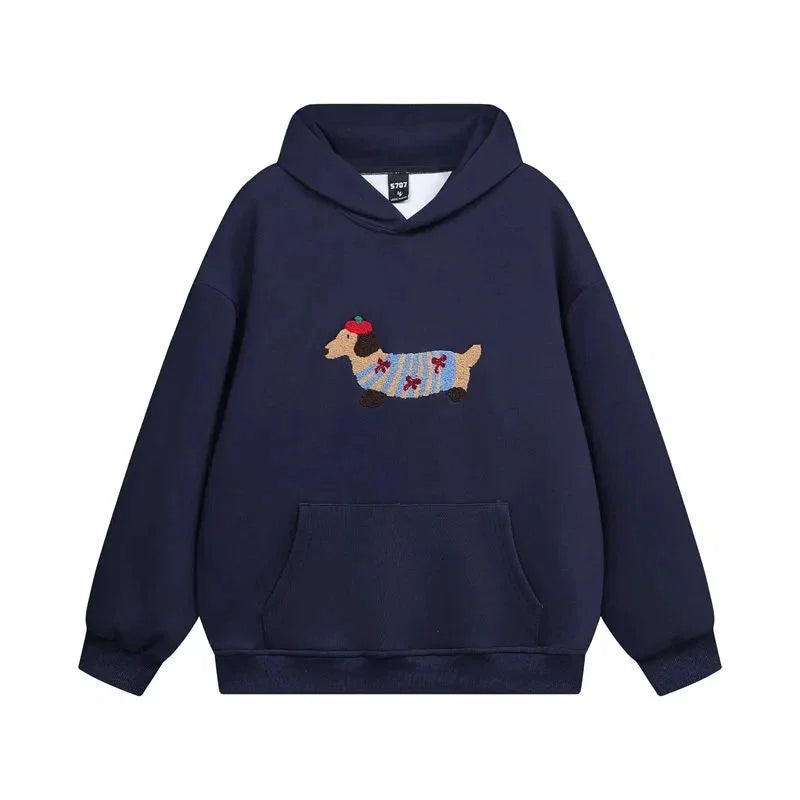 Women's Oversized Hooded Embroidered Dachshund Jumper