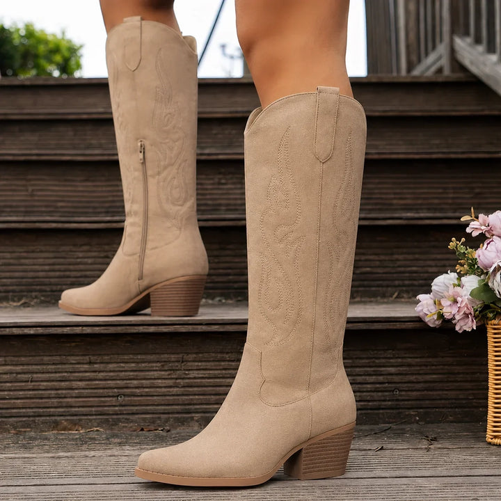 Women's Embroidered Western Faux Leather Knee-High Boots – Side Zipper And Block Heel