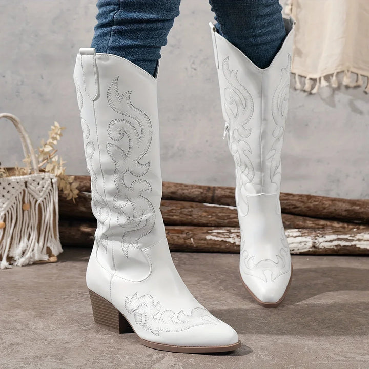 Women's Embroidered Western Faux Leather Knee-High Boots – Side Zipper And Block Heel