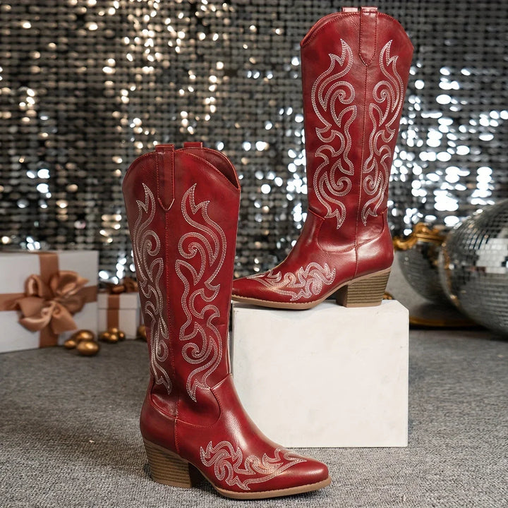 Women's Embroidered Western Faux Leather Knee-High Boots – Side Zipper And Block Heel