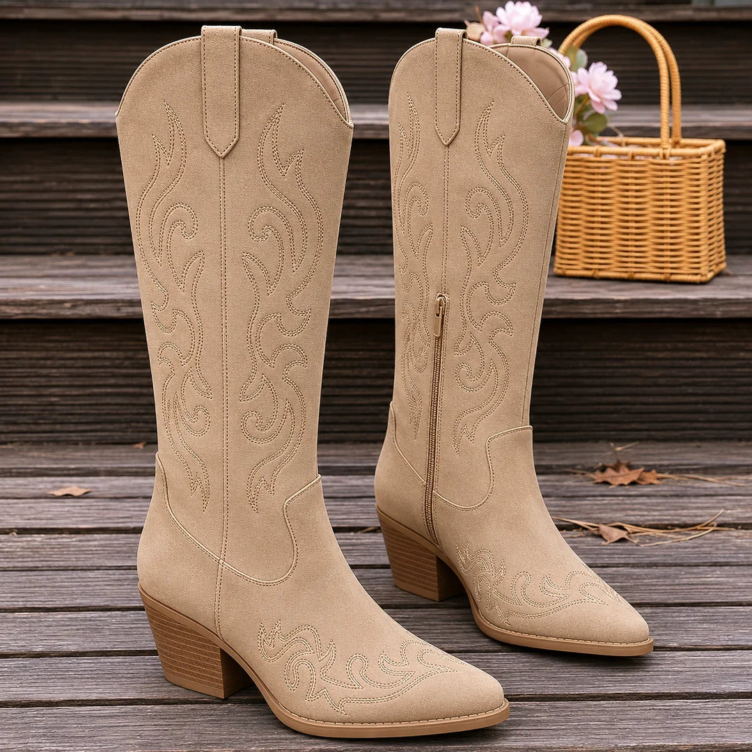 Women's Embroidered Western Faux Leather Knee-High Boots – Side Zipper And Block Heel
