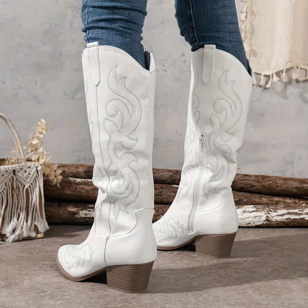 Women's Embroidered Western Faux Leather Knee-High Boots – Side Zipper And Block Heel
