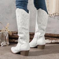 Women's Embroidered Western Faux Leather Knee-High Boots – Side Zipper And Block Heel