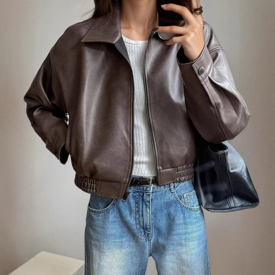 Women's Faux Leather Bomber Jacket Zip-Up Long Sleeve