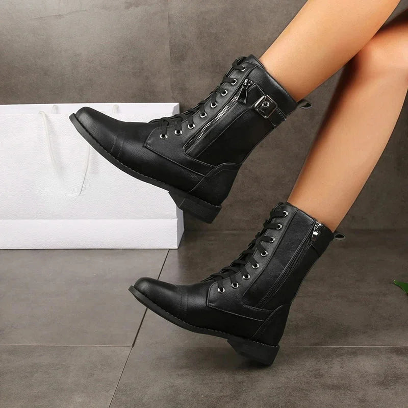Women's Faux Leather Combat Boots – Lace-Up, Side Zipper And Buckle Detail
