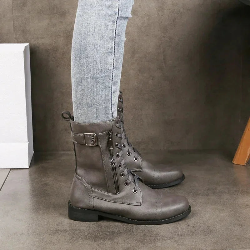Women's Faux Leather Combat Boots – Lace-Up, Side Zipper And Buckle Detail