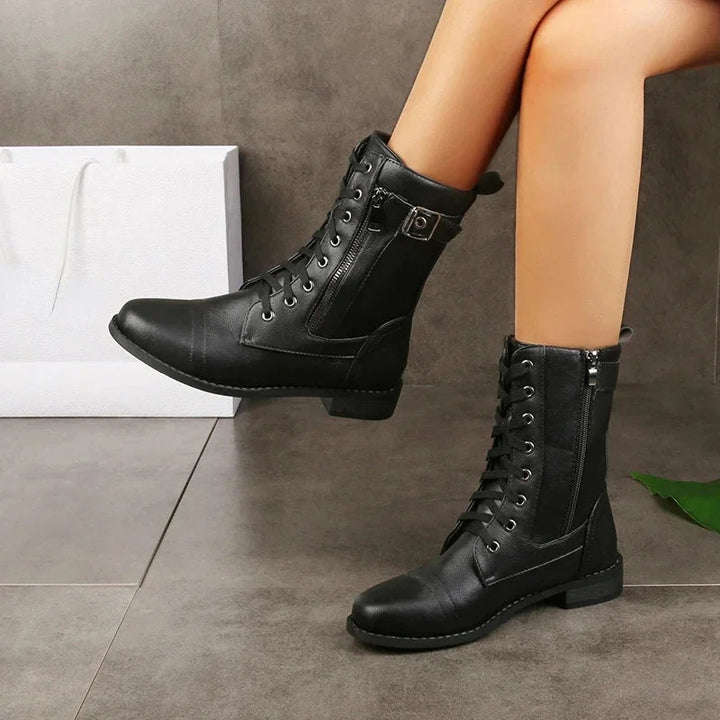 Women's Faux Leather Combat Boots – Lace-Up, Side Zipper And Buckle Detail