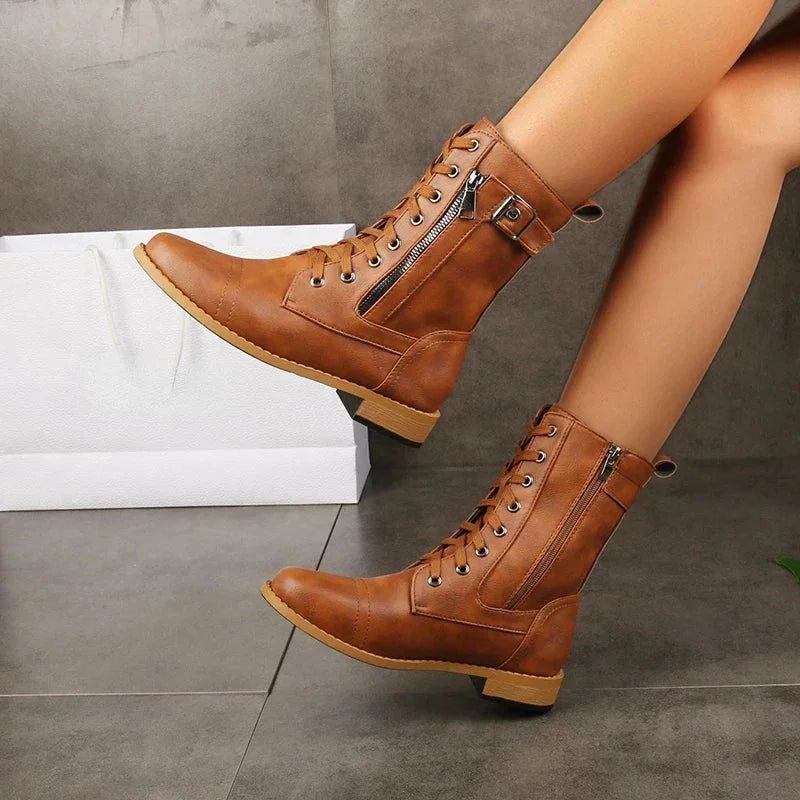 Women's Faux Leather Combat Boots – Lace-Up, Side Zipper And Buckle Detail