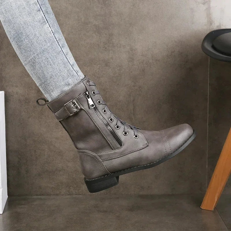 Women's Faux Leather Combat Boots – Lace-Up, Side Zipper And Buckle Detail