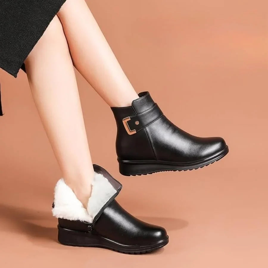 Women's Faux-Leather Faux-Fur-Lined Ankle Boots – Zipper And Buckle