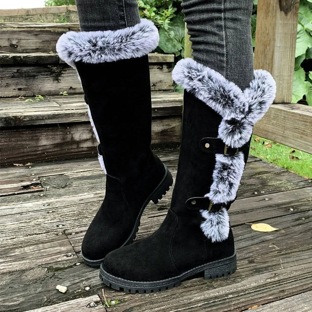 Women's Faux-Suede Fur-Trim Buckle Knee High Boots