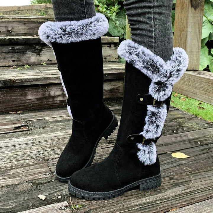 Women's Faux-Suede Fur-Trim Buckle Knee High Boots