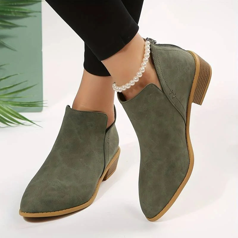 Women's Faux-Suede Pointed-Toe Ankle Boots – V-Cut Sides And Back Zipper