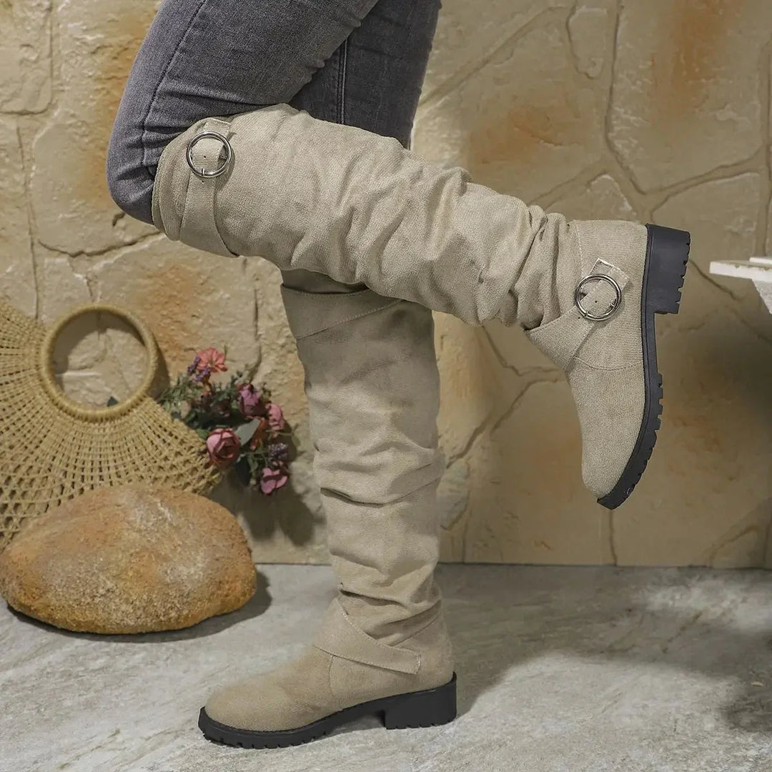 Women's Faux Suede Slouchy Knee-High Boots – Buckle And Lug Sole