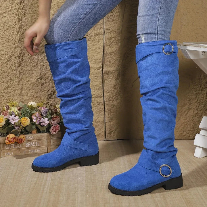 Women's Faux Suede Slouchy Knee-High Boots – Buckle And Lug Sole