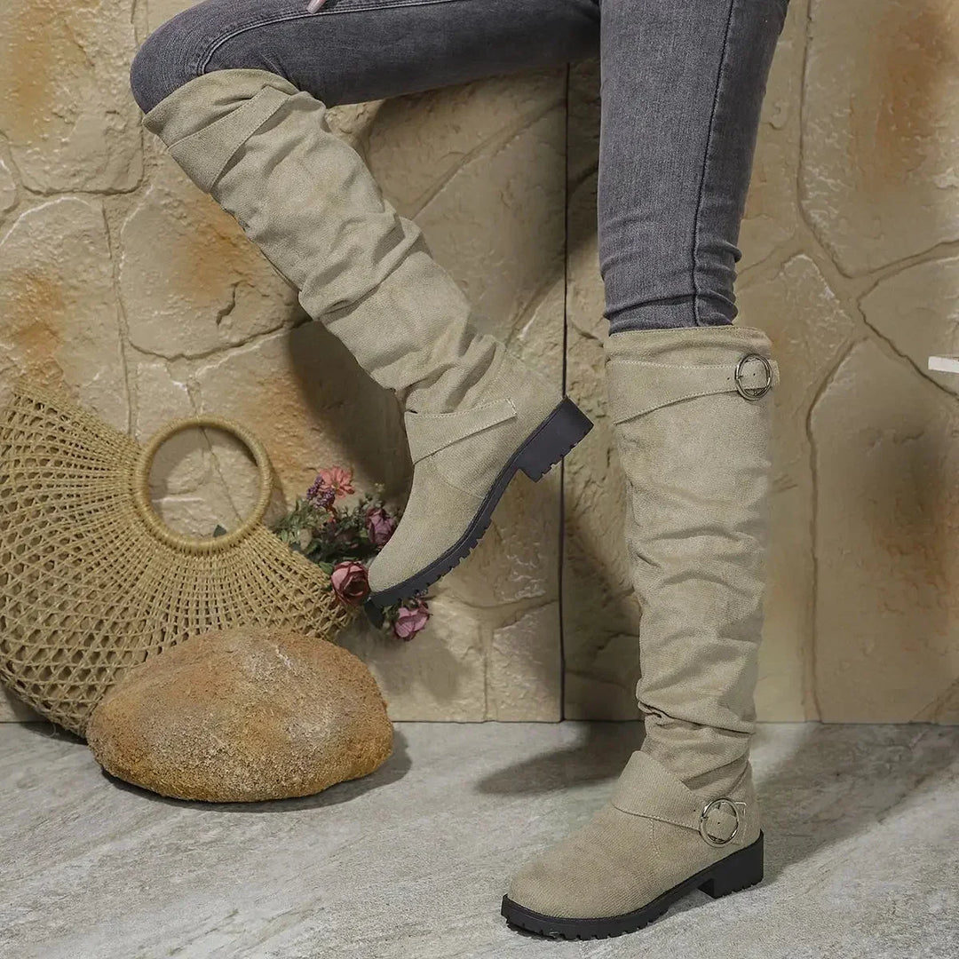 Women's Faux Suede Slouchy Knee-High Boots – Buckle And Lug Sole